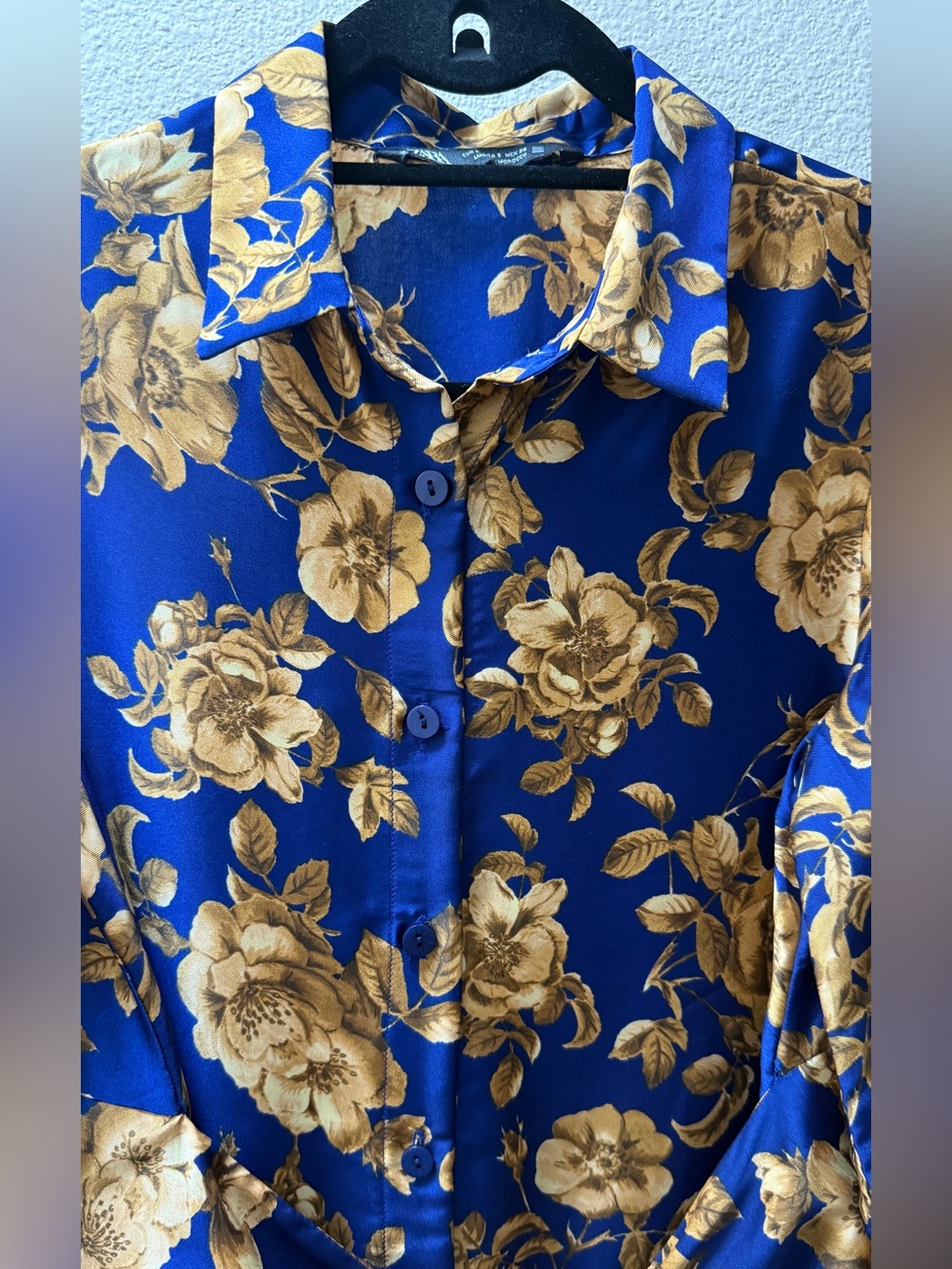 ZARA Blue Floral Satin Maxi Shirt Dress S Boho Oriental Caftan Long Sleeve - Picture 3 of 15